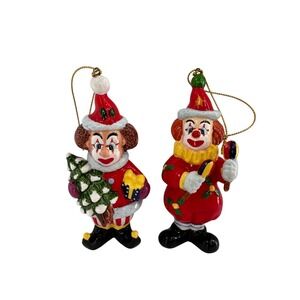 Kurt Adler Set Of 2 Festive Clown Christmas Ornaments Gold Hanging Strings 4"